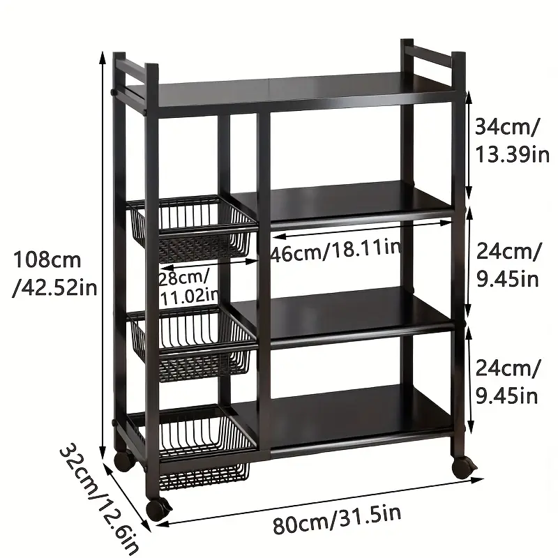 1pc Movable Storage Rack, Adjustable 4-storey Kitchen Shelf With 3 Wire Baskets, Kitchen Organizer And Storage, Metal Shelf Rack With Wheels, Suitable For Garage