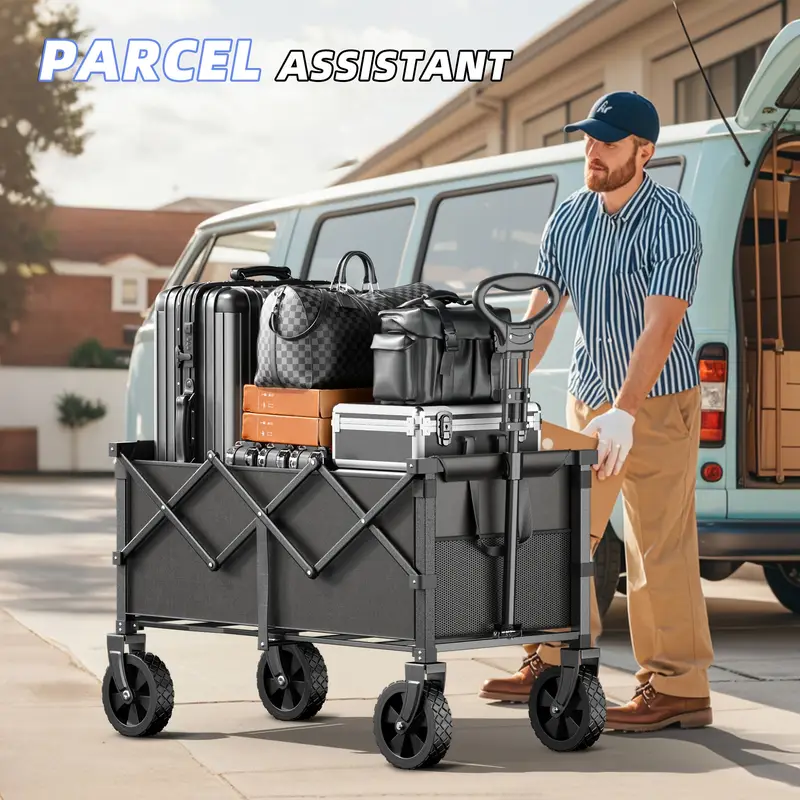 200-650LBS Large Capacity Camping Cart, All-Terrain Folding Handcart, Multi-Functional Camping, Gardening, Beach Shopping Portable Vehicle, Black Garden Tool Storage Rack