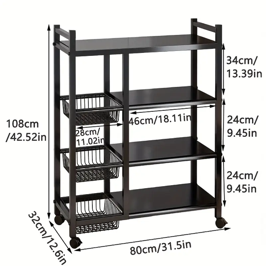 1pc Movable Storage Rack, Adjustable 4-storey Kitchen Shelf With 3 Wire Baskets, Kitchen Organizer And Storage, Metal Shelf Rack With Wheels, Suitable For Garage